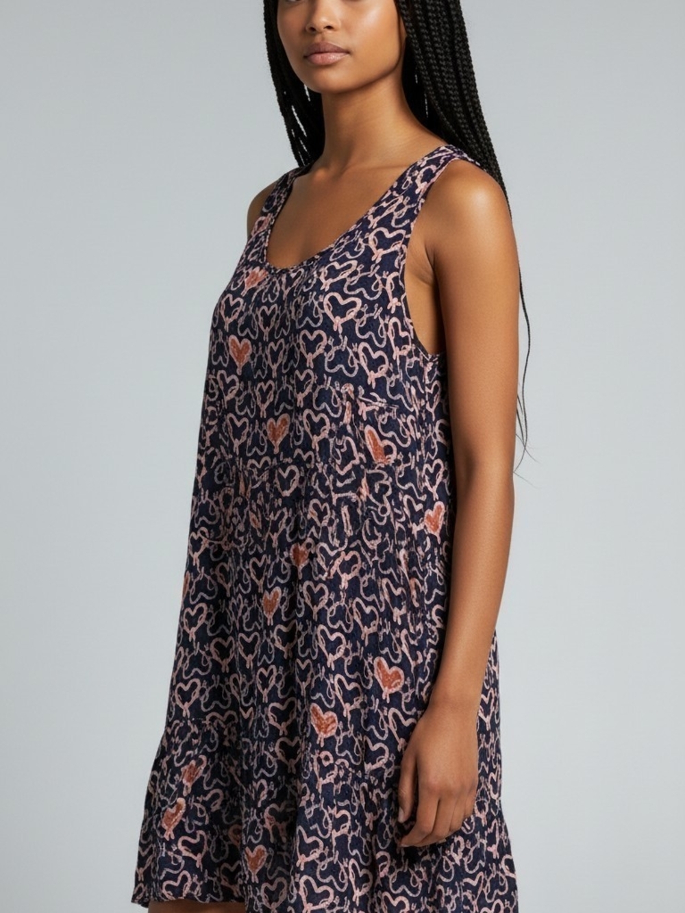 Farm Rio Sleeveless Navy and Pink Heart Print Dress